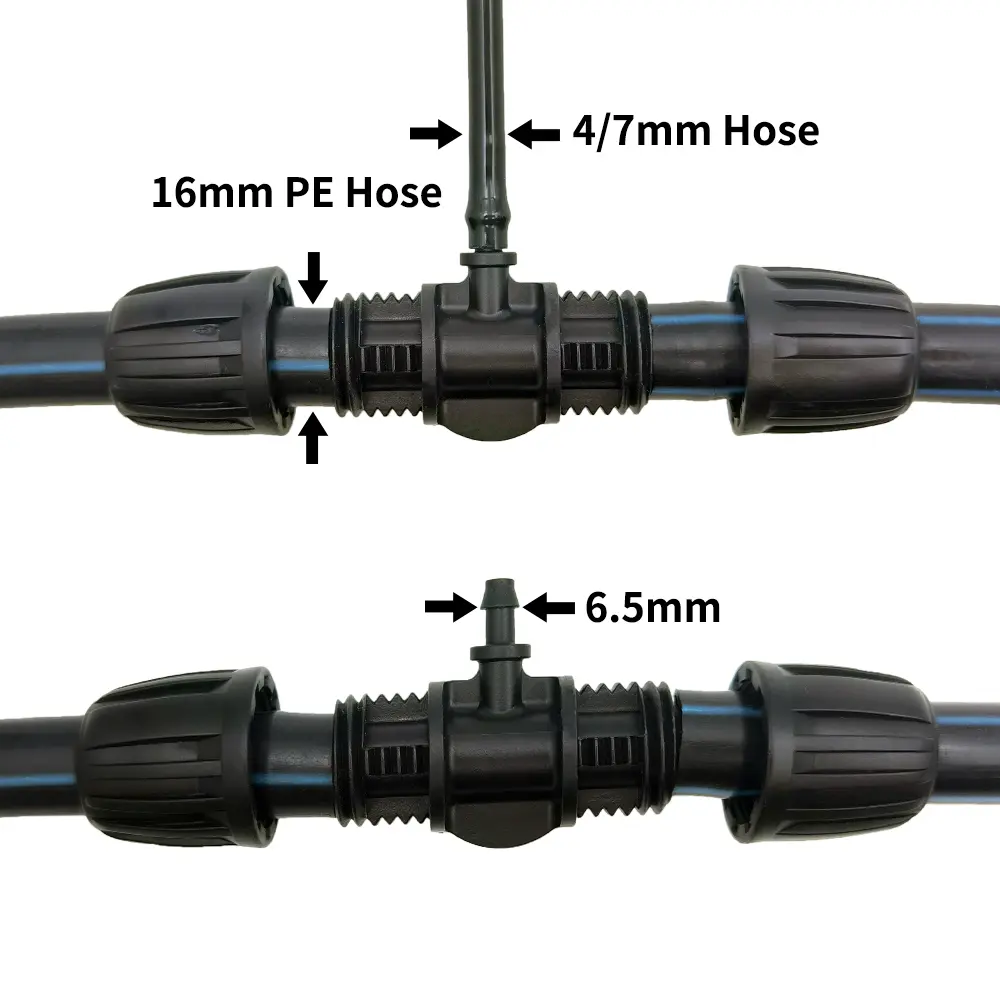 Oasis 10PCS 16mm 1/2'' PE Tubing to 4/7mm Hose Tee Connector w/ Thread Lock Garden Irrigation Water Adapter to 1/4'' Micro Pipe