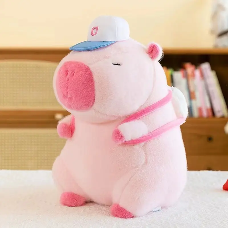 1pcs 25cm Cute Fluffy Pink Capybara Plush Toys Kawaii Baseball Backpack Stuffed Dolls Animals Kids Birthday Gift Home Decor