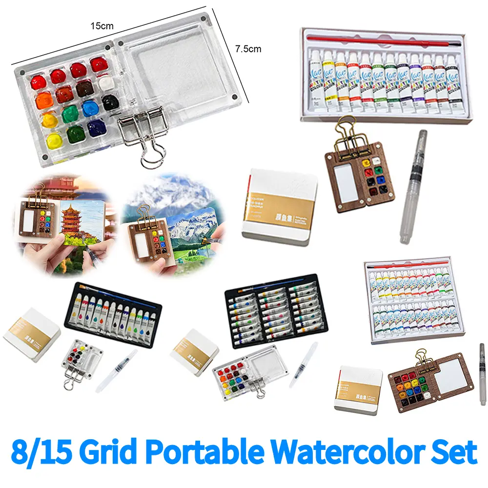 Travel Paint Palette Watercolor Palette Set with Clip Portable Watercolor Set Wooden Grid Paint Box Gift for Artists Students