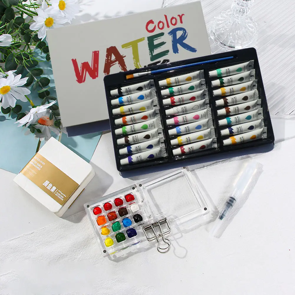 Travel Paint Palette Watercolor Palette Set with Clip Portable Watercolor Set Wooden Grid Paint Box Gift for Artists Students