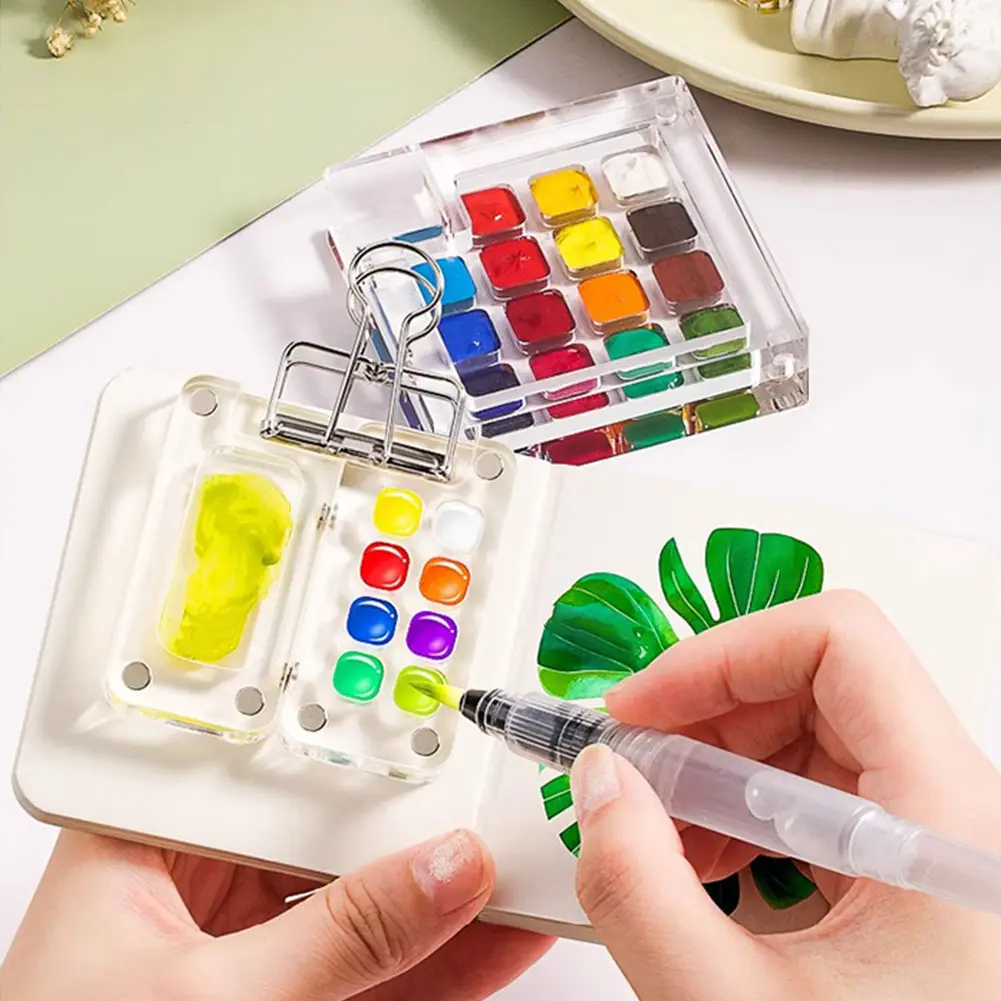 Travel Paint Palette Watercolor Palette Set with Clip Portable Watercolor Set Wooden Grid Paint Box Gift for Artists Students