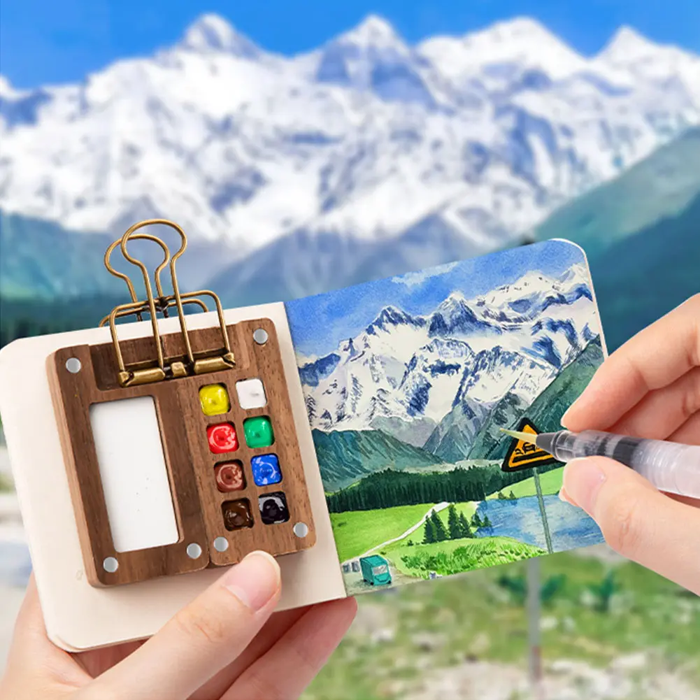 Travel Paint Palette Watercolor Palette Set with Clip Portable Watercolor Set Wooden Grid Paint Box Gift for Artists Students