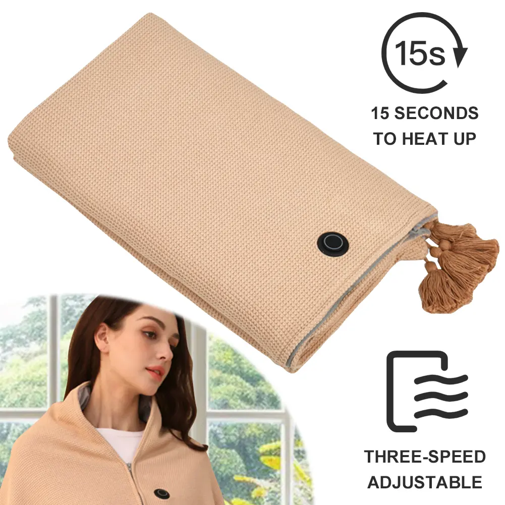 Wearable Heating Electric Blanket Shawl 3 Heating Levels USB Heated Blanket Shawl with 10000mAh Power Bank Heated Shawl
