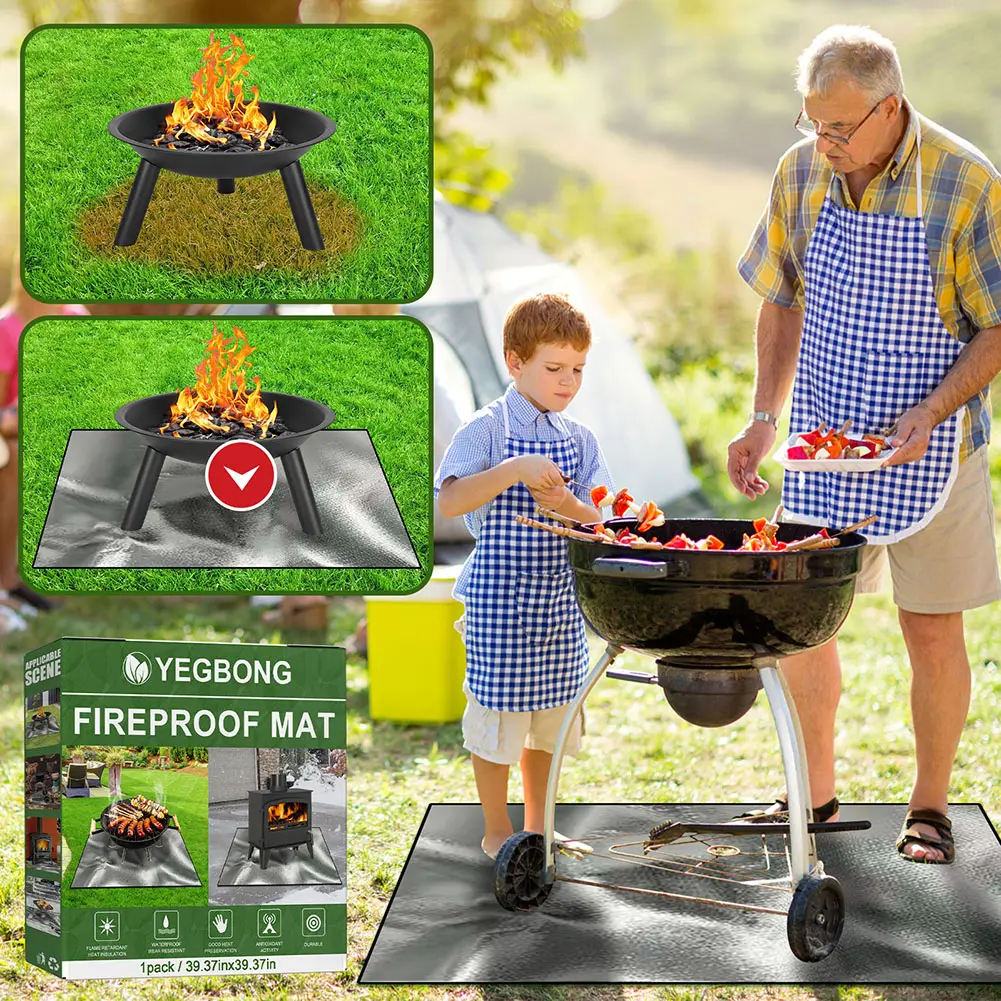 100cmx100cm Square Fire Pit Mat Heat Resistant Grill Mat 3 Layers Fireproof Mat Easy To Clean for Grass Outdoor for Deck Patio