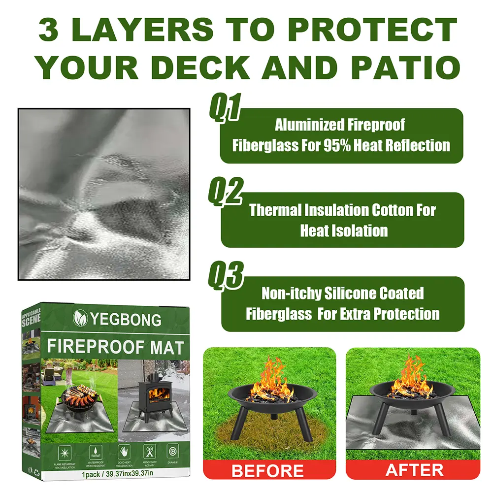 100cmx100cm Square Fire Pit Mat Heat Resistant Grill Mat 3 Layers Fireproof Mat Easy To Clean for Grass Outdoor for Deck Patio