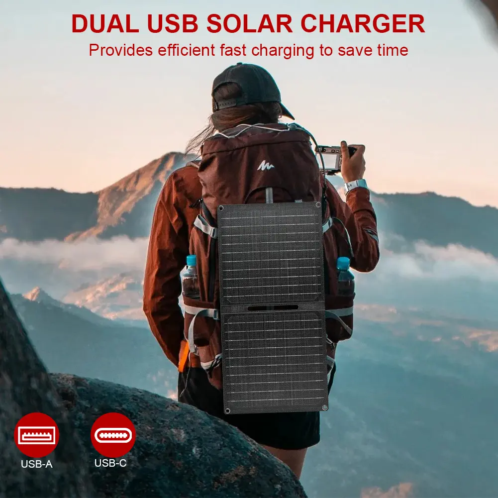 24W Portable Solar Panel with USB-C USB-A Outputs Folding Solar Charger Solar Charging Panel for Outdoor Camping Phone Charger