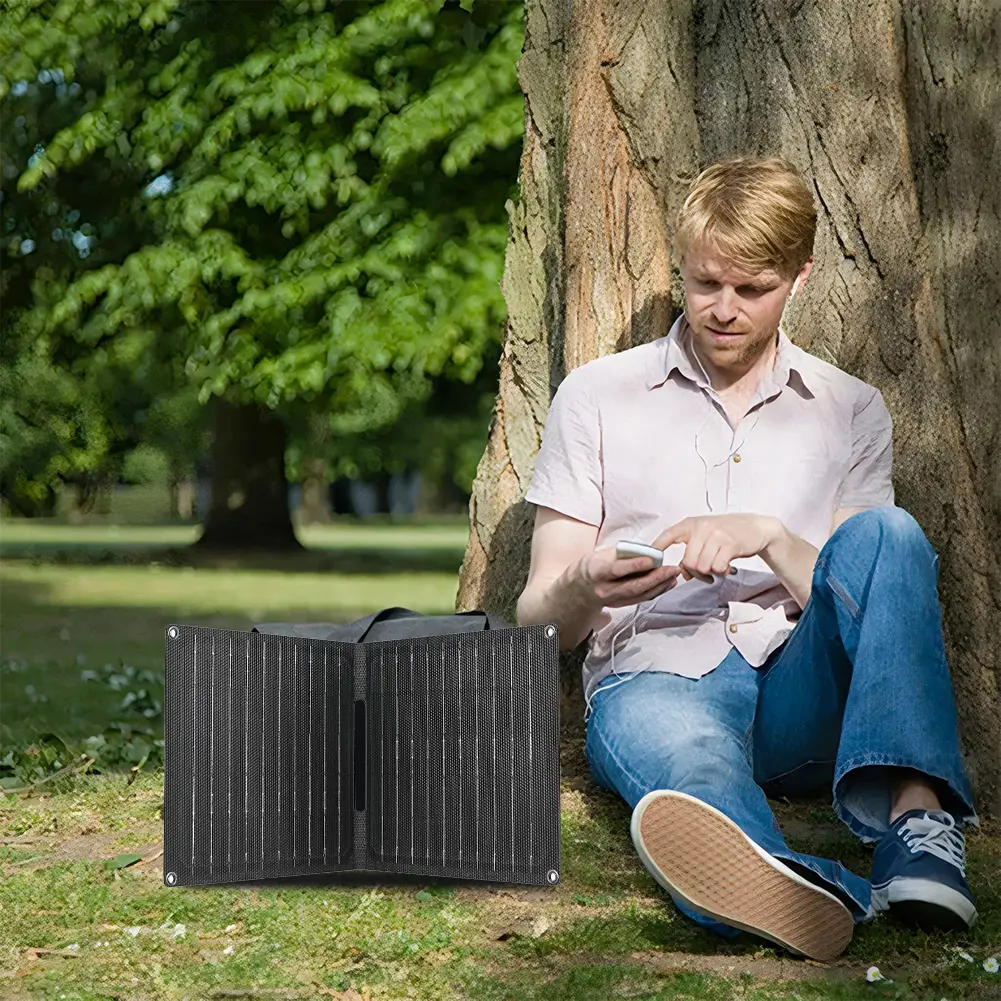 24W Portable Solar Panel with USB-C USB-A Outputs Folding Solar Charger Solar Charging Panel for Outdoor Camping Phone Charger