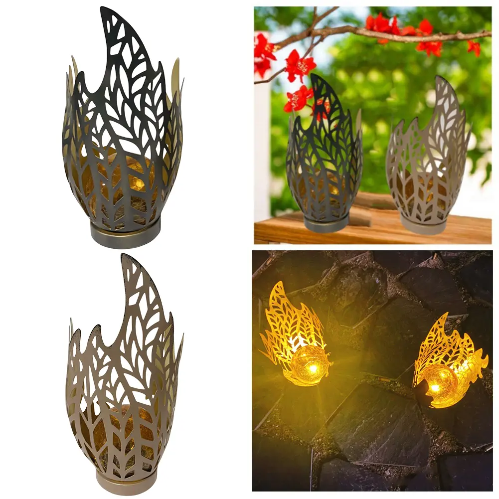 Solar Flame Light Solar Powered Lantern 600mAh Battery Metal Flame Lamp Cracked Ball Light Landscape Light for Lawn Patio Yard