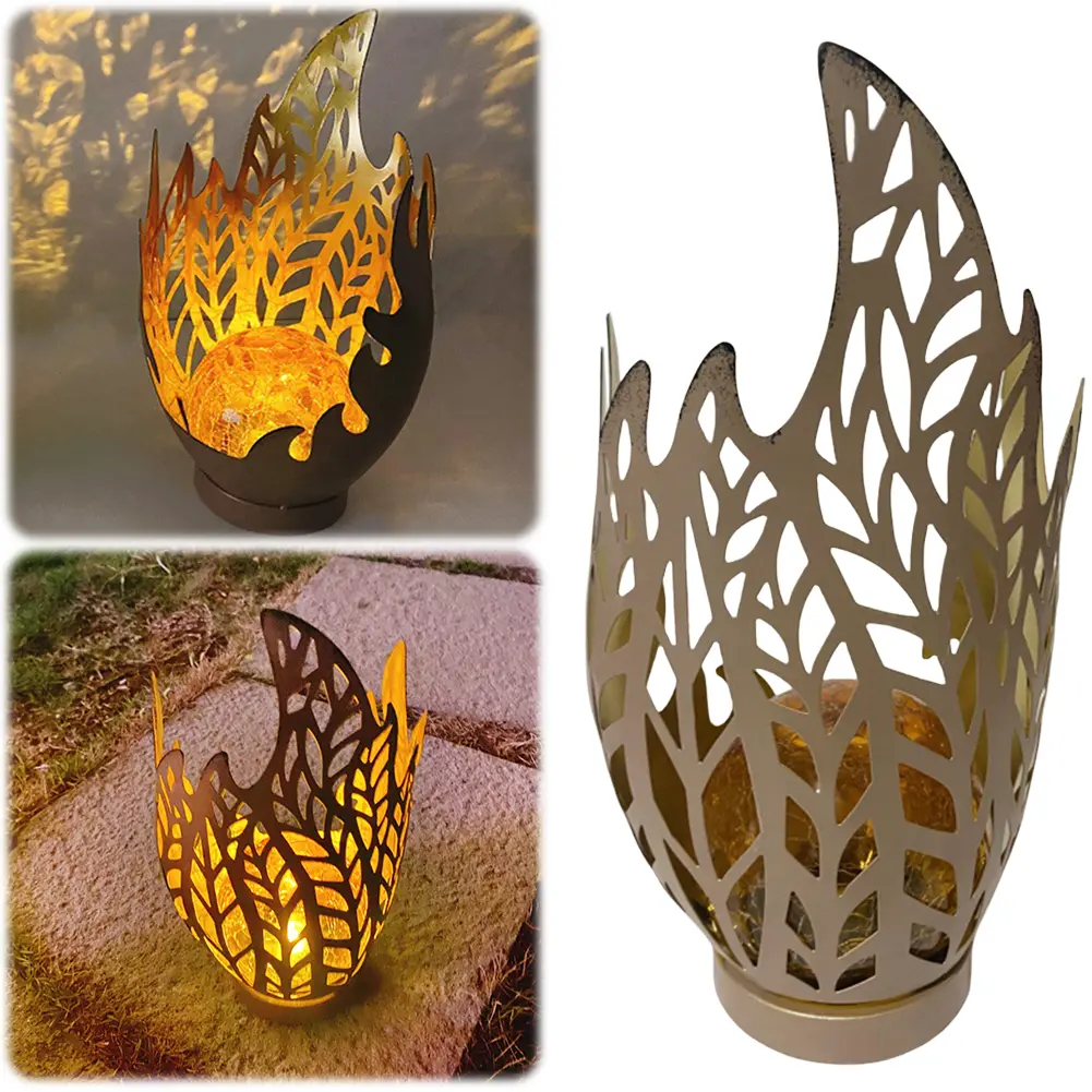 Solar Flame Light Solar Powered Lantern 600mAh Battery Metal Flame Lamp Cracked Ball Light Landscape Light for Lawn Patio Yard