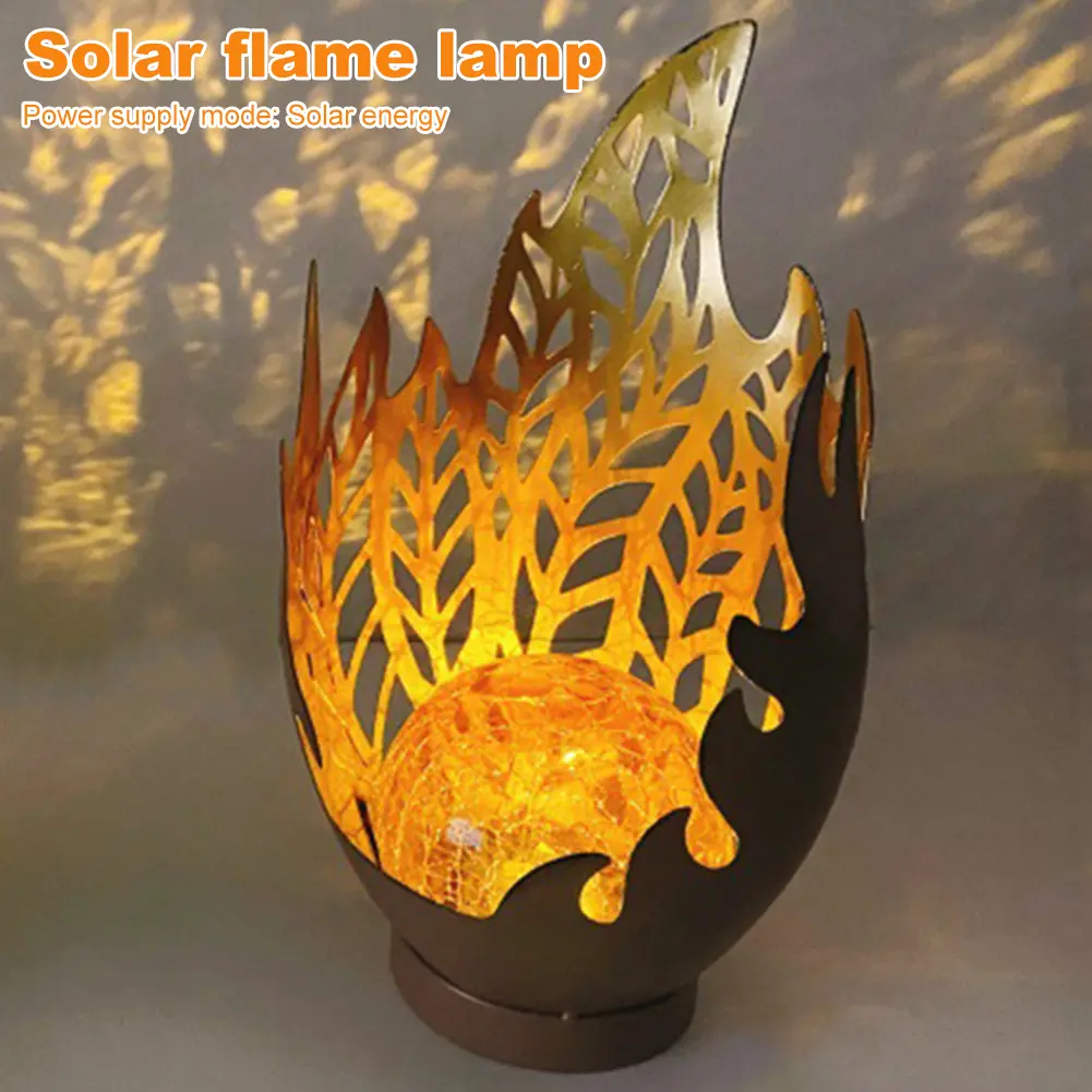 Solar Flame Light Solar Powered Lantern 600mAh Battery Metal Flame Lamp Cracked Ball Light Landscape Light for Lawn Patio Yard