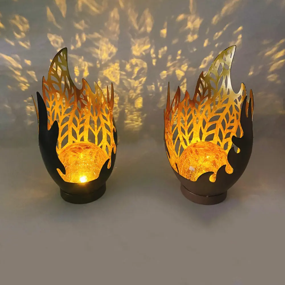 Solar Flame Light Solar Powered Lantern 600mAh Battery Metal Flame Lamp Cracked Ball Light Landscape Light for Lawn Patio Yard