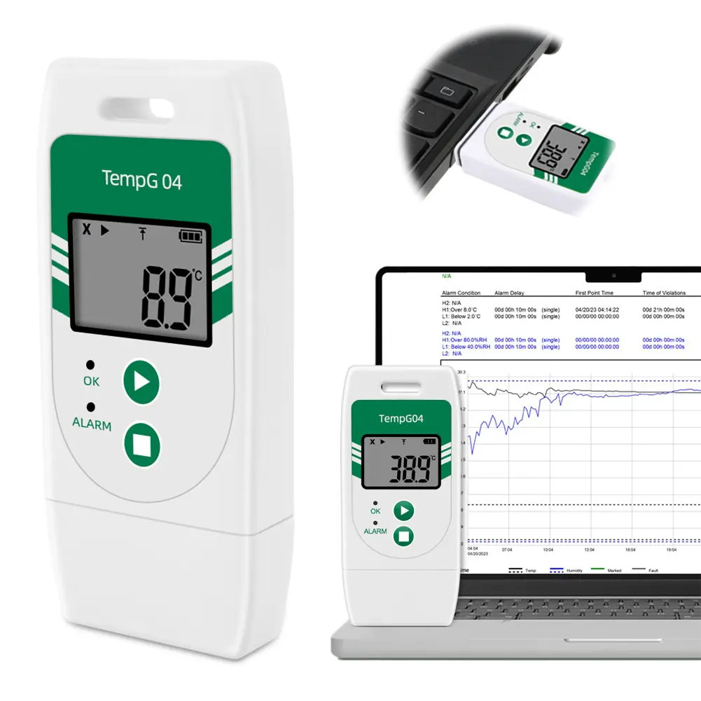 USB Temperature Humidity Data Logger Digital 32000 Point Capacity Over Temp Alarm for Fruit Vegetable Lab Cold Chain Transport