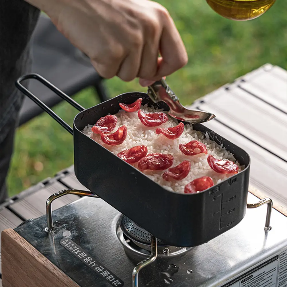 800ml Outdoor Lunch Box with Folding Handle Picnic Lunch Box Aluminum Alloy Cooking Food Container Camping Travel Cookware