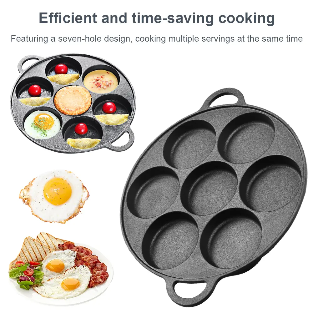 7 Hole Skillet Omelet Pan Cast Iron Non-Stick Kitchen Cooking Ham Pan Egg Pie Frying Takoyaki Pan Omelet Pancake Breakfast Maker