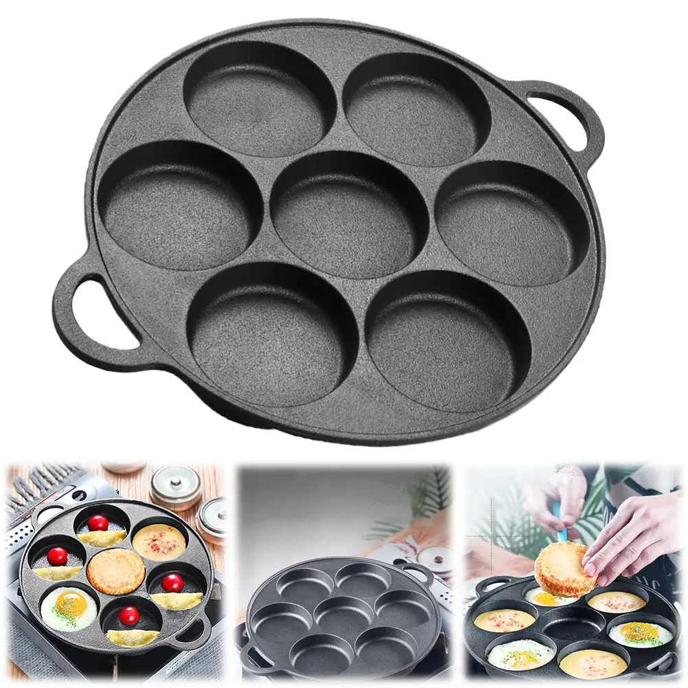 7 Hole Skillet Omelet Pan Cast Iron Non-Stick Kitchen Cooking Ham Pan Egg Pie Frying Takoyaki Pan Omelet Pancake Breakfast Maker