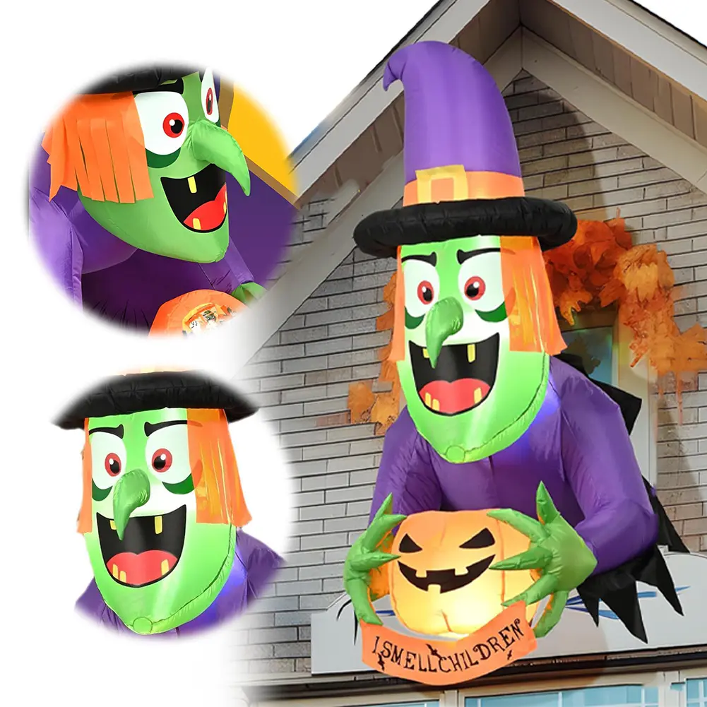 4.4 FT Halloween Inflatables Halloween Window Decorations with Witch Holding Pumpkin Design for Haunted Houses Halloween Parties