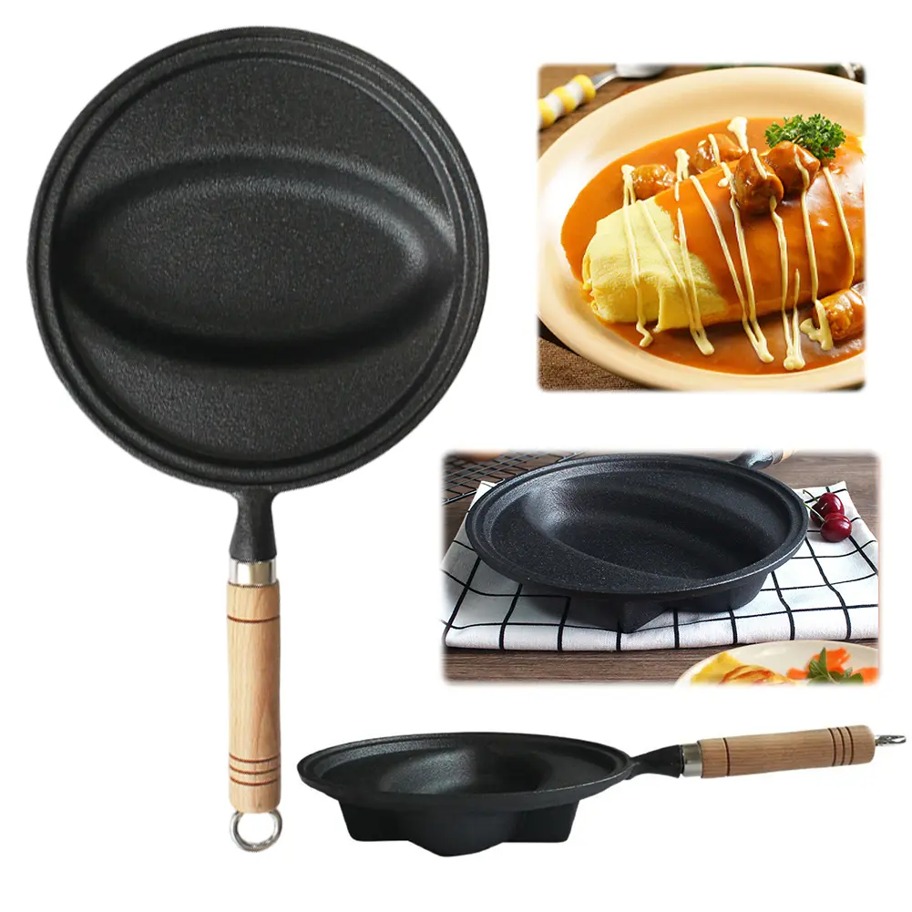 Omurice Cooking Pot with Wood Handle Pancake Mold Skillet Pan Non-Stick Omelette Egg Pot for Homemade Omurice Cooking