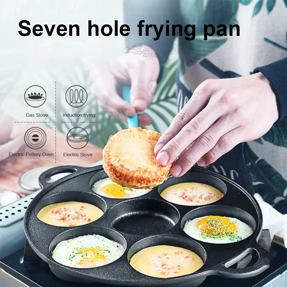 7 Hole Skillet Omelet Pan Cast Iron Non-Stick Kitchen Cooking Ham Pan Egg Pie Frying Takoyaki Pan Omelet Pancake Breakfast Maker