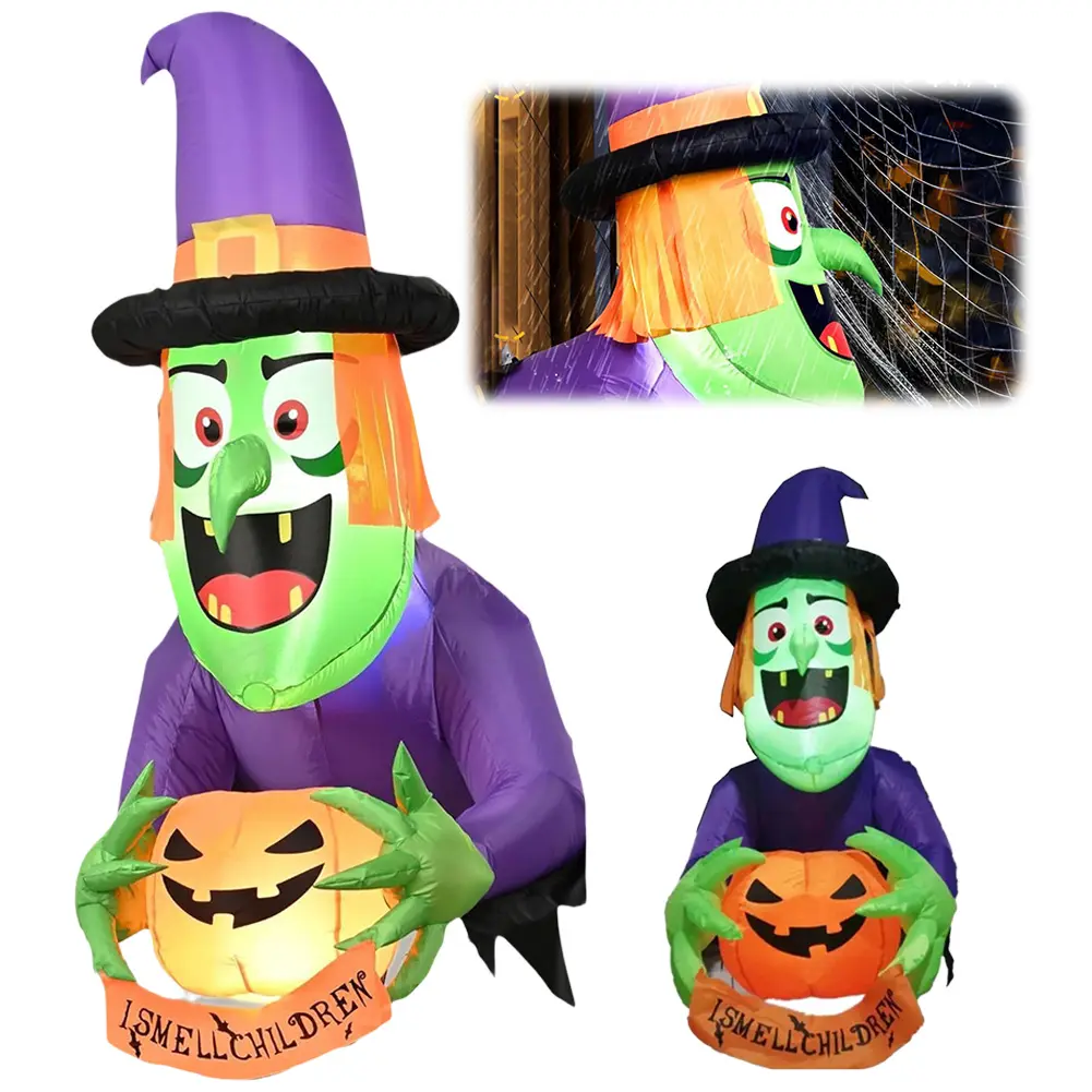 4.4 FT Halloween Inflatables Halloween Window Decorations with Witch Holding Pumpkin Design for Haunted Houses Halloween Parties