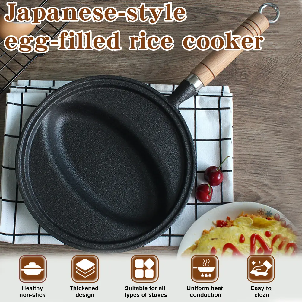 Omurice Cooking Pot with Wood Handle Pancake Mold Skillet Pan Non-Stick Omelette Egg Pot for Homemade Omurice Cooking