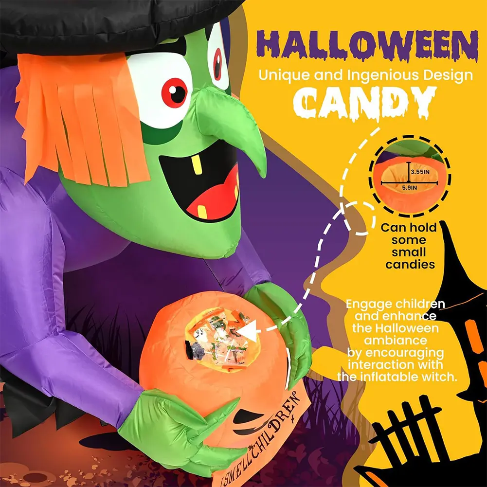4.4 FT Halloween Inflatables Halloween Window Decorations with Witch Holding Pumpkin Design for Haunted Houses Halloween Parties