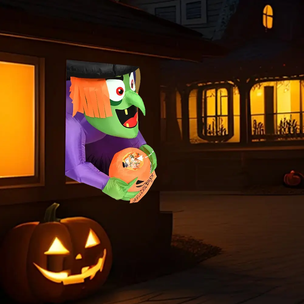 4.4 FT Halloween Inflatables Halloween Window Decorations with Witch Holding Pumpkin Design for Haunted Houses Halloween Parties