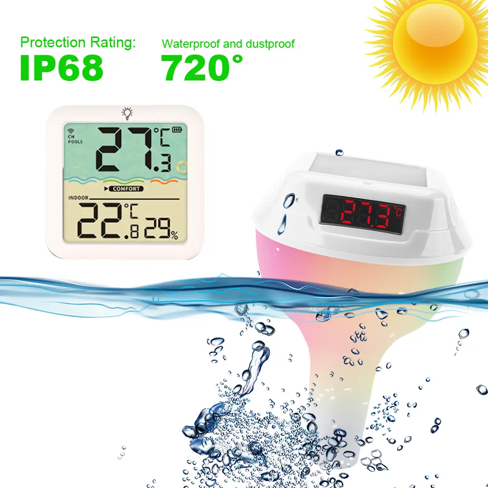 Solar Outdoor Pool Thermometer LED Display Water Temperature Meter with Timing RGB Light Floating Pool Thermometer Pool Supplies