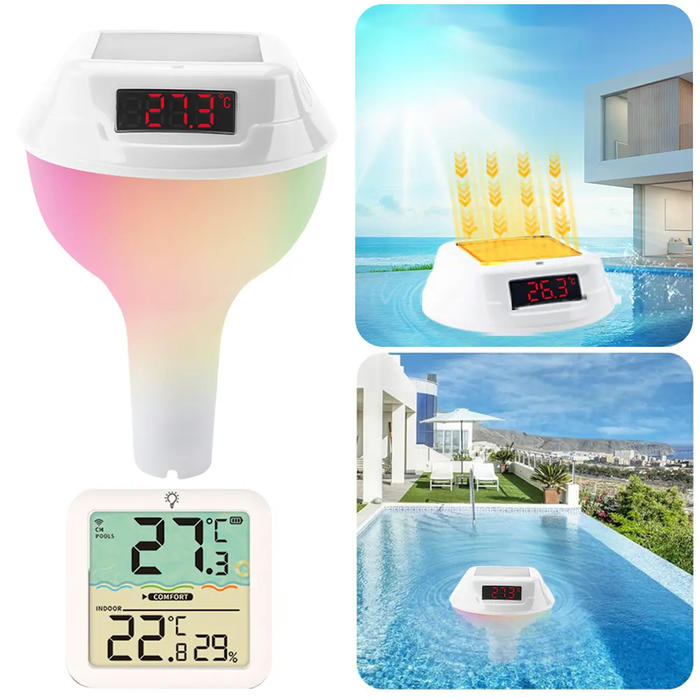 Solar Outdoor Pool Thermometer LED Display Water Temperature Meter with Timing RGB Light Floating Pool Thermometer Pool Supplies