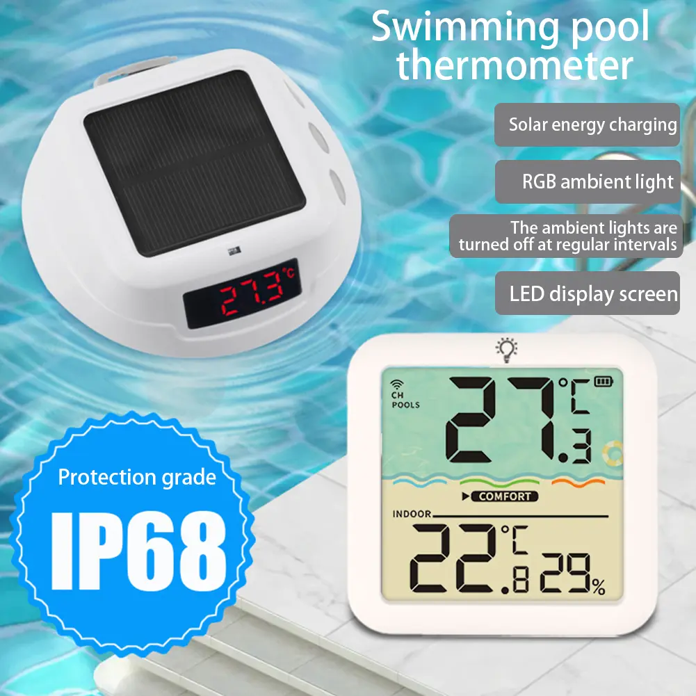Solar Outdoor Pool Thermometer LED Display Water Temperature Meter with Timing RGB Light Floating Pool Thermometer Pool Supplies