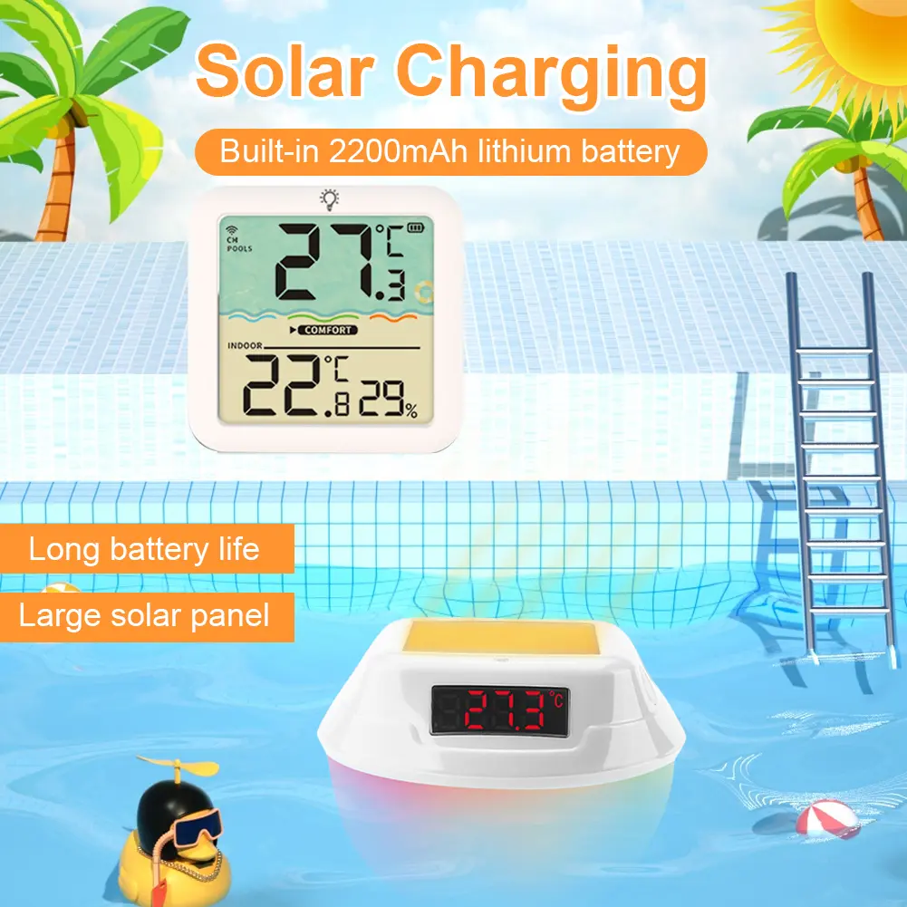 Solar Outdoor Pool Thermometer LED Display Water Temperature Meter with Timing RGB Light Floating Pool Thermometer Pool Supplies