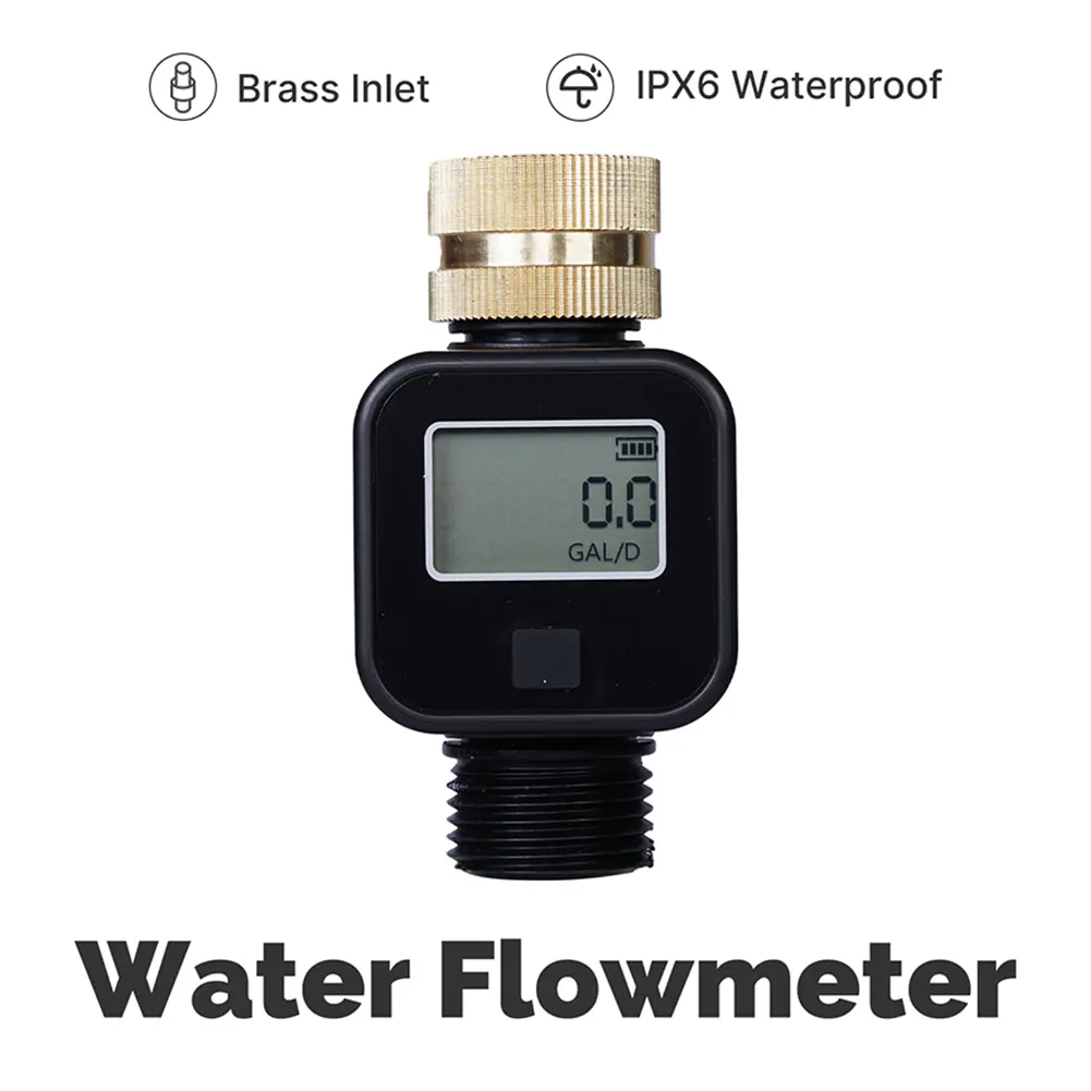 Digital Water Flow Meter with Brass Inlet Heavy Duty Water Flow Meter IPX6 Waterproof for Garden Hose Watering Lawn Sprinkler