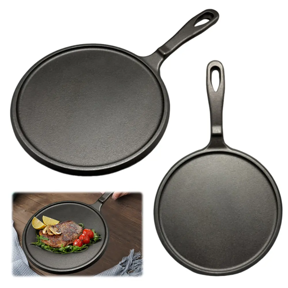 Cast Iron Round Griddle Nonstick Flat Skillet Pancake Pan for Camping Indoor Outdoor Cooking