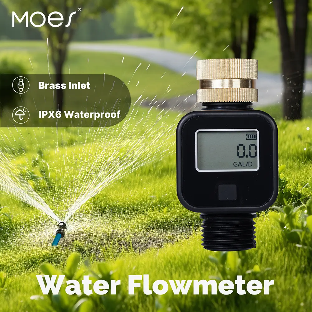 Digital Water Flow Meter with Brass Inlet Heavy Duty Water Flow Meter IPX6 Waterproof for Garden Hose Watering Lawn Sprinkler