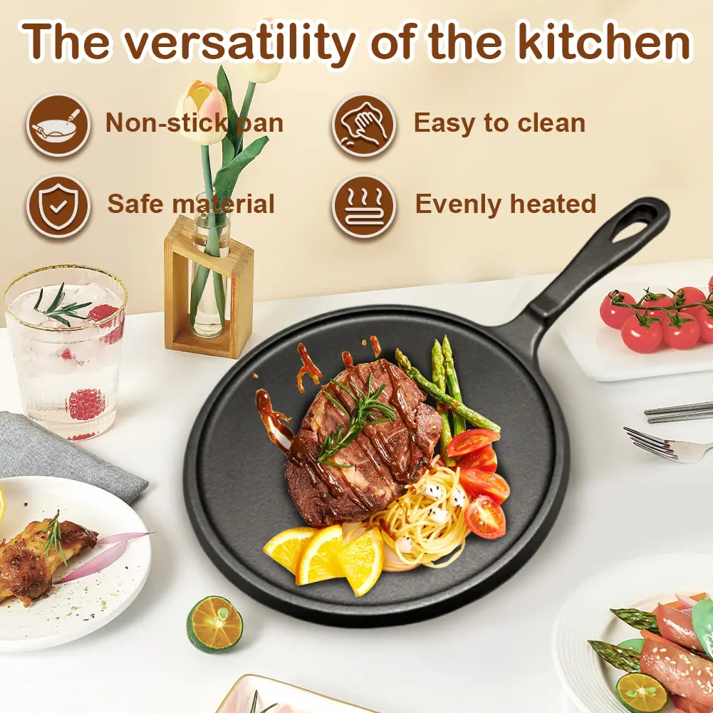 Cast Iron Round Griddle Nonstick Flat Skillet Pancake Pan for Camping Indoor Outdoor Cooking