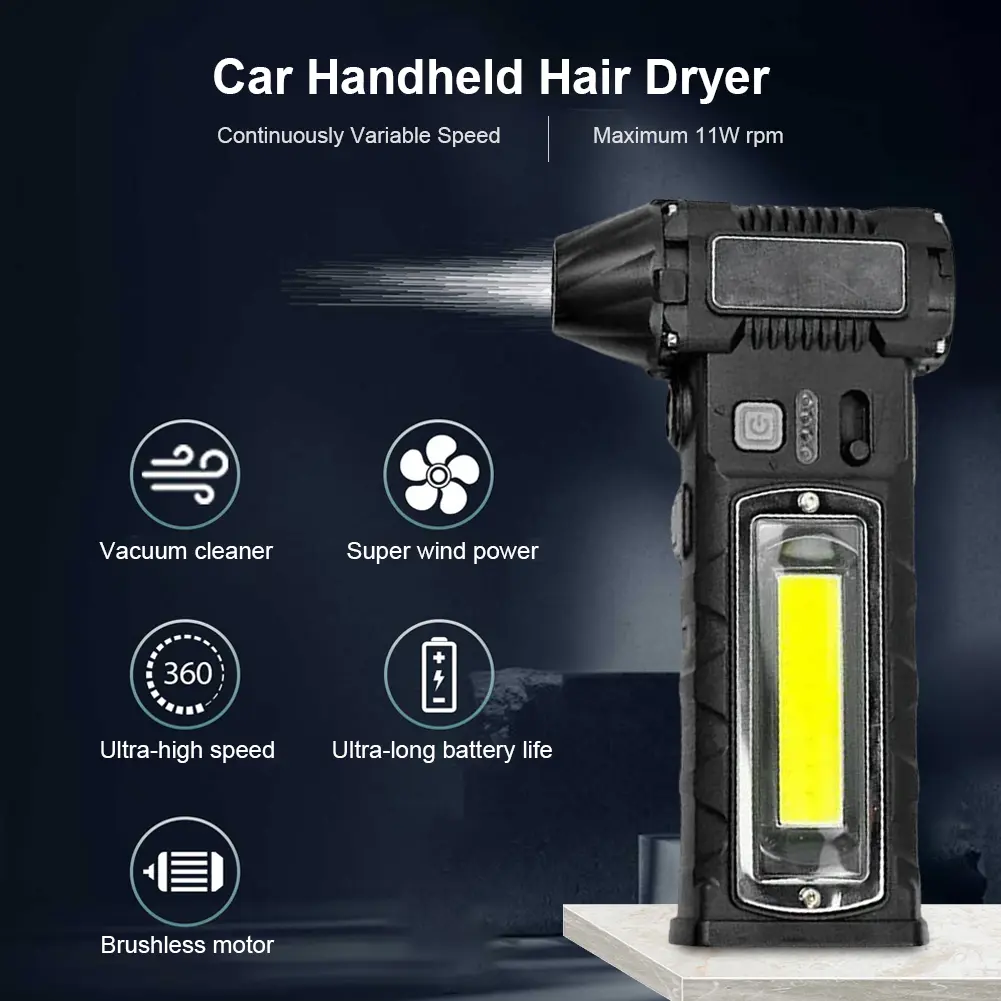 110000 RPM Car Handheld Hair Dryer USB Charging Turbo Violent Fan Outdoor Fan with Light Turbo Violent Blower PC Cleaning Tool