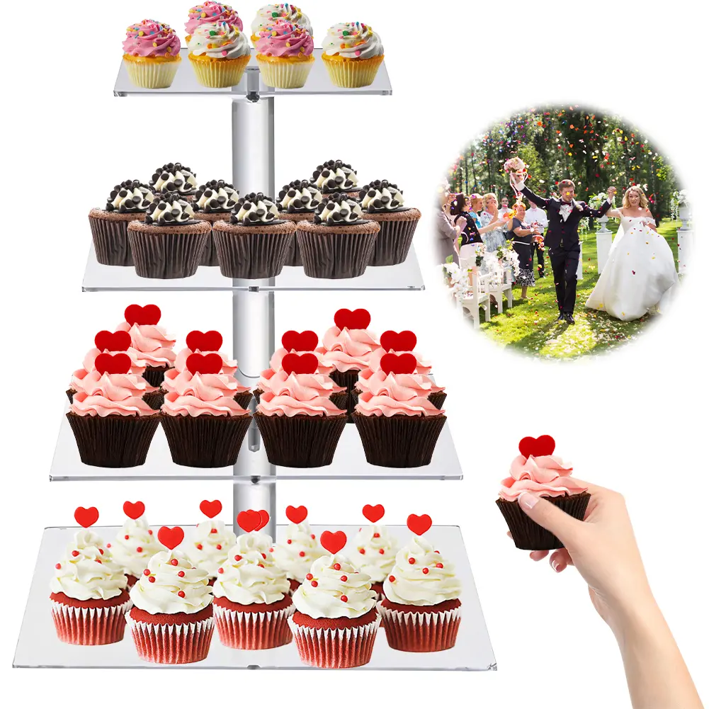 3/4 Tier Acrylic Cupcake Display Stand with LED Light Cupcake Tower Stand Multifunctional Cupcake Holder for Celebration