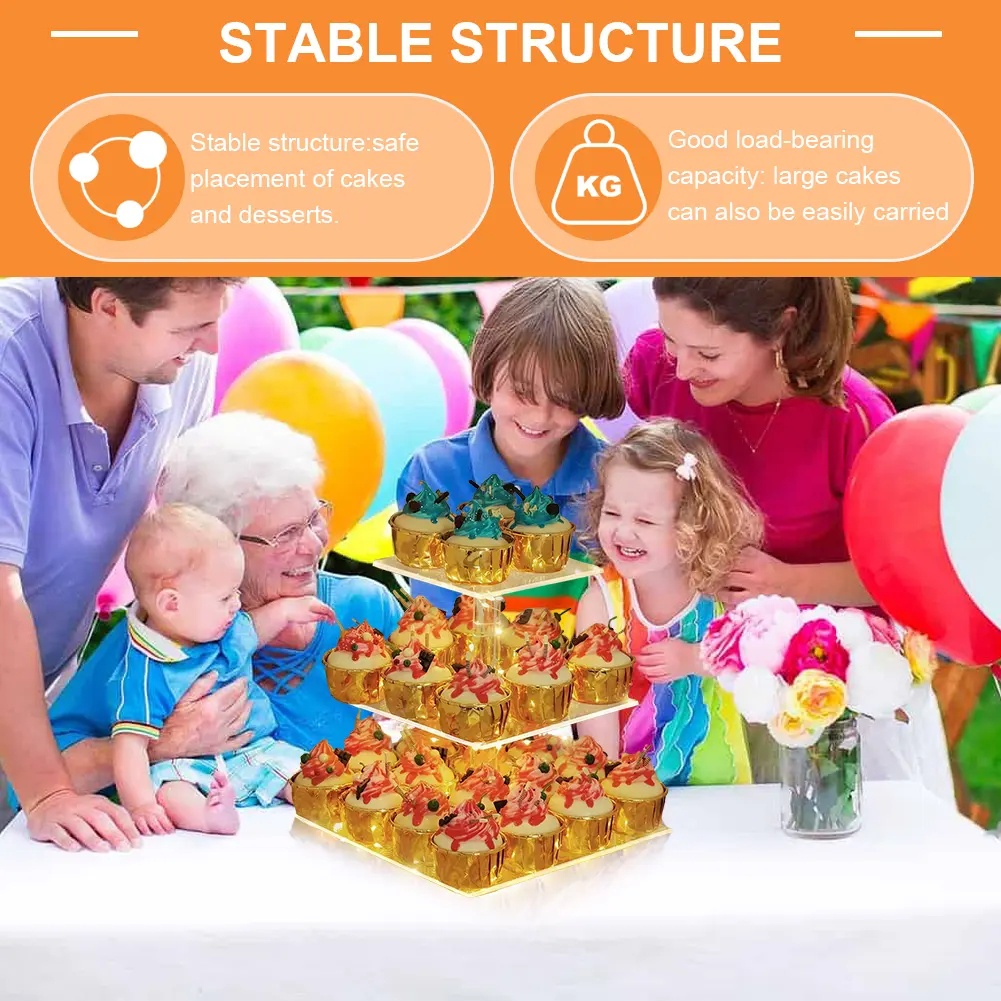 3/4 Tier Acrylic Cupcake Display Stand with LED Light Cupcake Tower Stand Multifunctional Cupcake Holder for Celebration