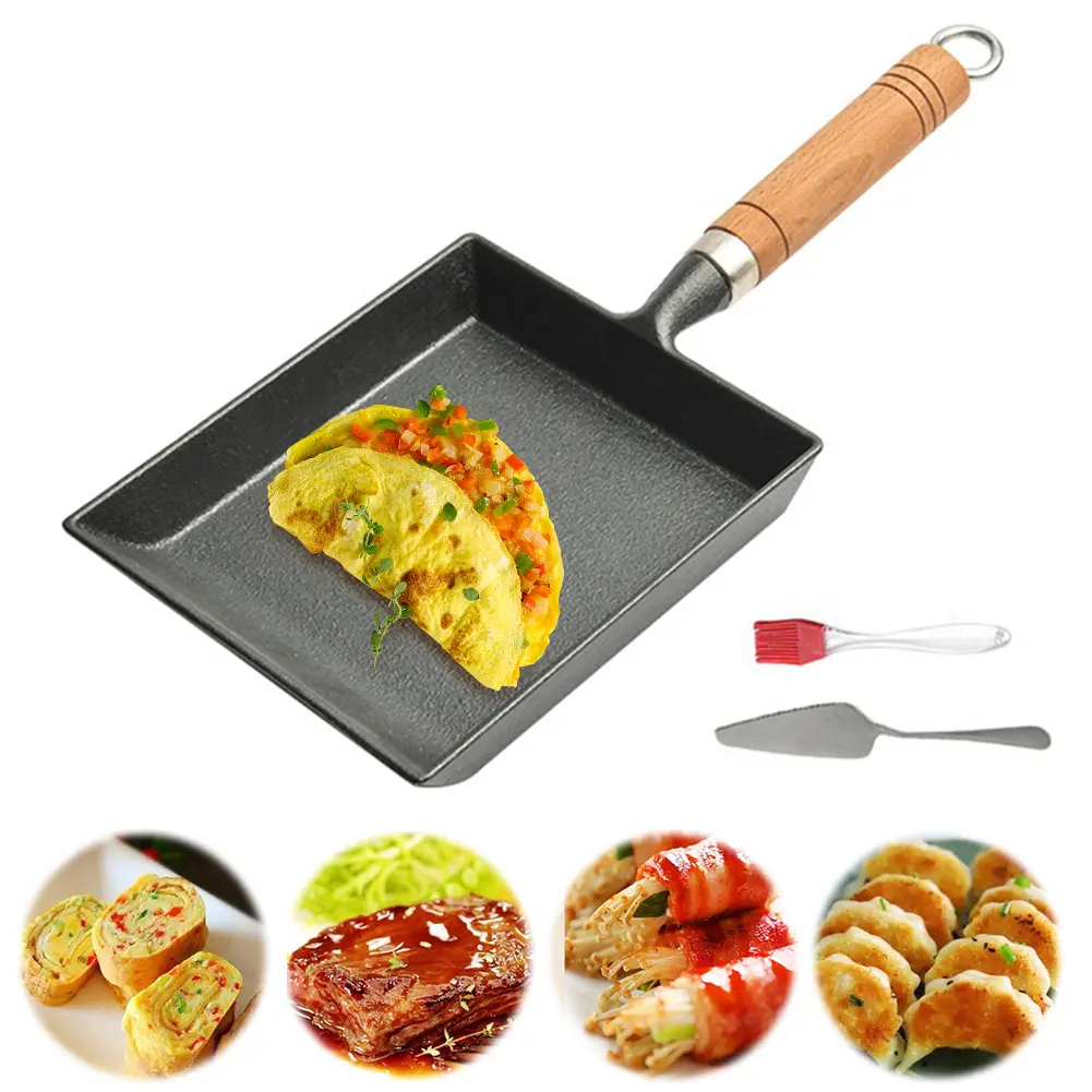 Cast Iron Egg Pan Wood Handle Omelet Pan Non Scald Japanese Egg Omelette Pan with Oil Brush and Shovel for All Kinds of Oven