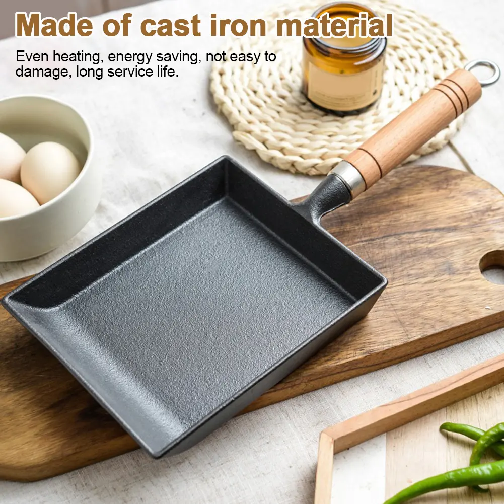 Cast Iron Egg Pan Wood Handle Omelet Pan Non Scald Japanese Egg Omelette Pan with Oil Brush and Shovel for All Kinds of Oven