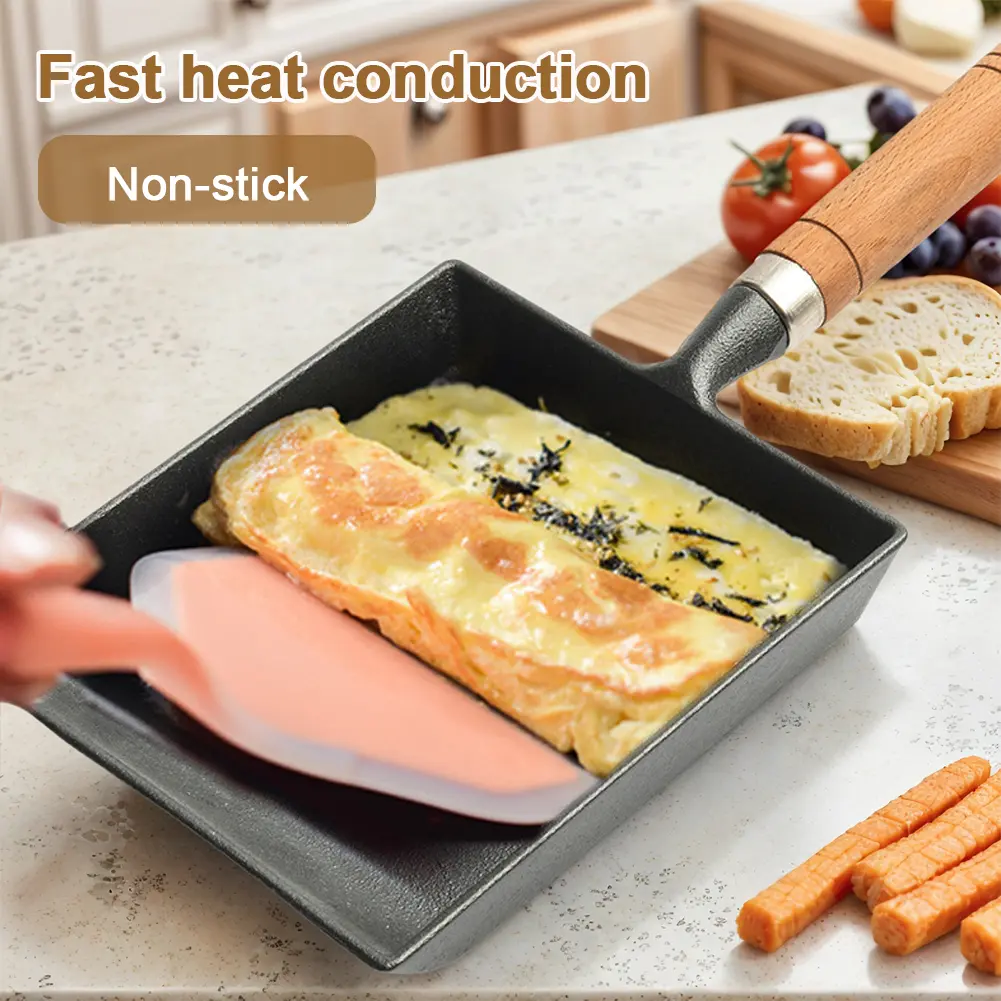 Cast Iron Egg Pan Wood Handle Omelet Pan Non Scald Japanese Egg Omelette Pan with Oil Brush and Shovel for All Kinds of Oven