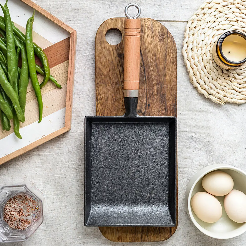 Cast Iron Egg Pan Wood Handle Omelet Pan Non Scald Japanese Egg Omelette Pan with Oil Brush and Shovel for All Kinds of Oven