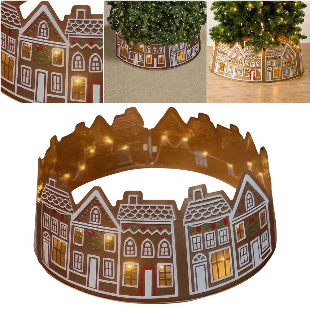 Gingerbread House Christmas Tree Skirt with LED Lights Xmas Tree Base Cover Xmas Tree Ring for Holiday Party Home Decoration