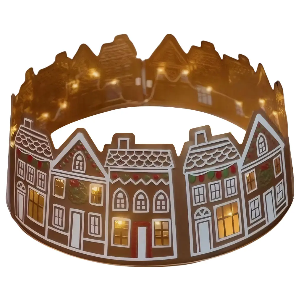 Gingerbread House Christmas Tree Skirt with LED Lights Xmas Tree Base Cover Xmas Tree Ring for Holiday Party Home Decoration