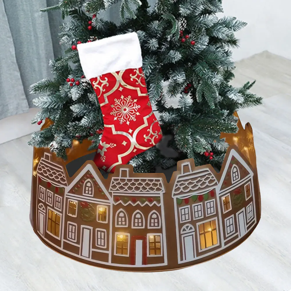Gingerbread House Christmas Tree Skirt with LED Lights Xmas Tree Base Cover Xmas Tree Ring for Holiday Party Home Decoration