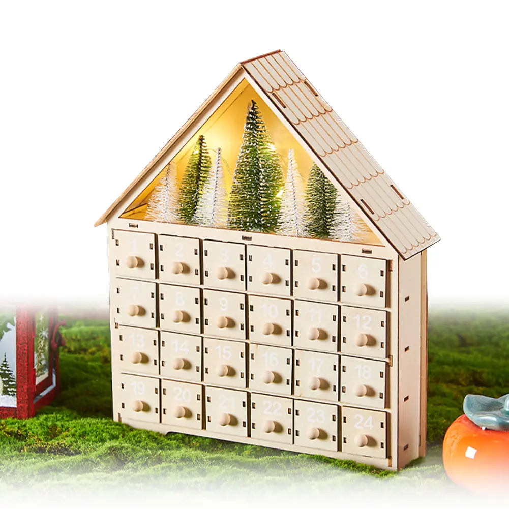 Wooden LED Reusable Advent Calendar with 24 Empty Storage Drawers Countdown To Christmas Calendar Xmas Holiday Gift Decoration