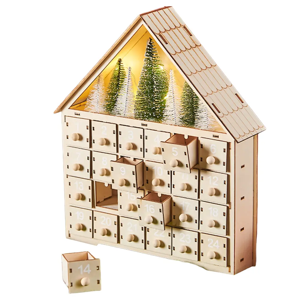 Wooden LED Reusable Advent Calendar with 24 Empty Storage Drawers Countdown To Christmas Calendar Xmas Holiday Gift Decoration