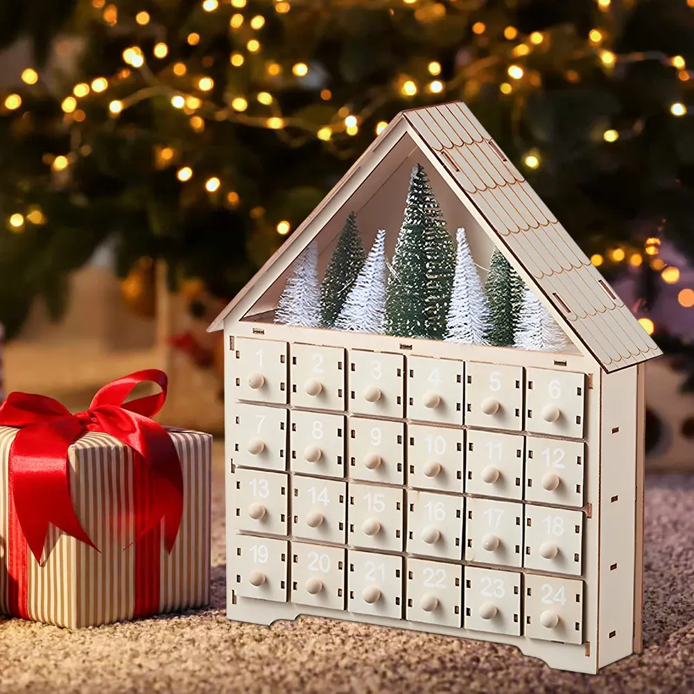 Wooden LED Reusable Advent Calendar with 24 Empty Storage Drawers Countdown To Christmas Calendar Xmas Holiday Gift Decoration