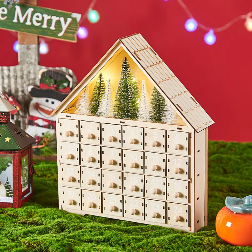 Wooden LED Reusable Advent Calendar with 24 Empty Storage Drawers Countdown To Christmas Calendar Xmas Holiday Gift Decoration