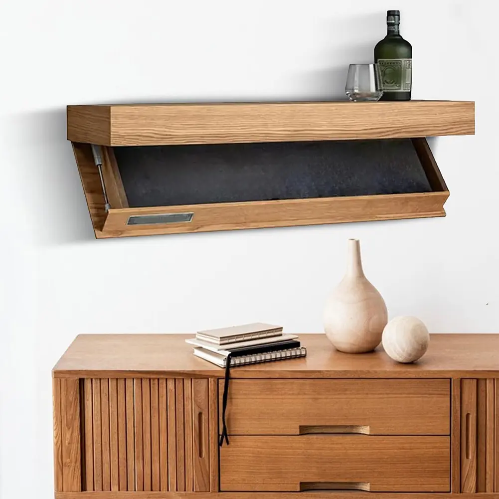 Wooden Concealed Floating Shelf with Secret Compartment Storage Rack Wall-Mounted Display Cabinet Rack for Book Wine Plants Disc