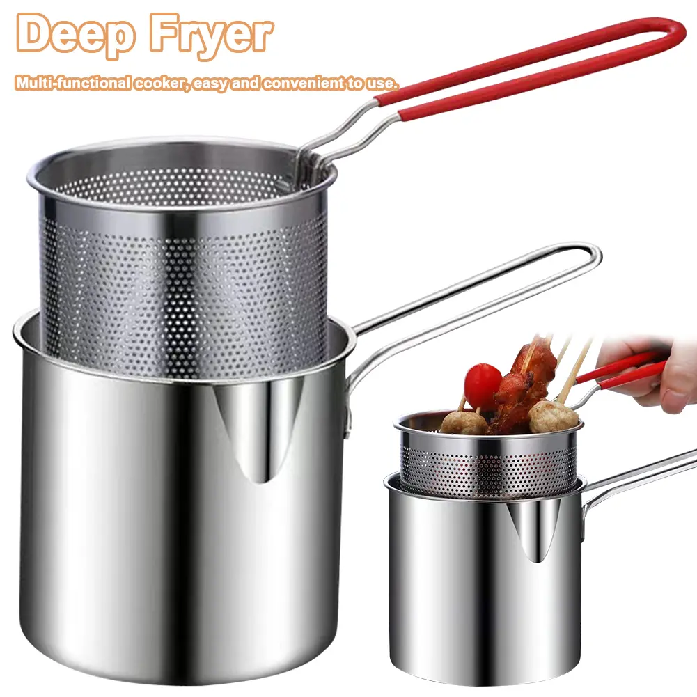 Tempura Fryer Pan with Strainer Stainless Steel Tempura Small Deep Frying Pan Portable Cooking Pot for Kitchen Fried Chicken